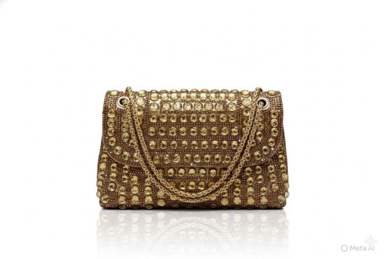 Premium diamante frame clutch handbag with metallic finish for formal occasions