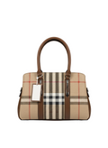 Clara checkered pattern handbag in brown and beige with dual carrying straps - versatile shoulder bag
