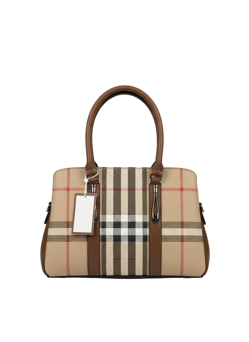 Clara checkered pattern handbag in brown and beige with dual carrying straps - versatile shoulder bag