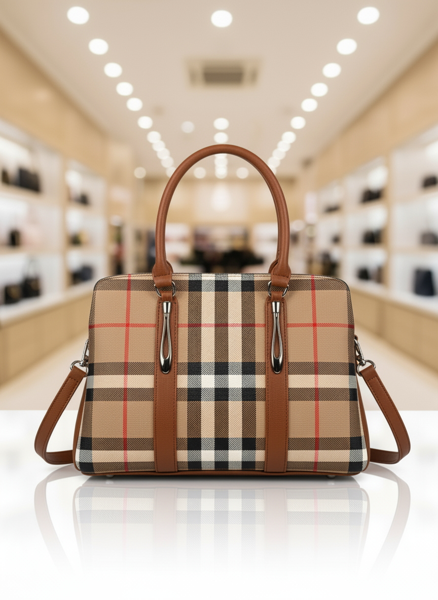 Spacious checkered tote bag with premium leather finish - perfect for daily use and work