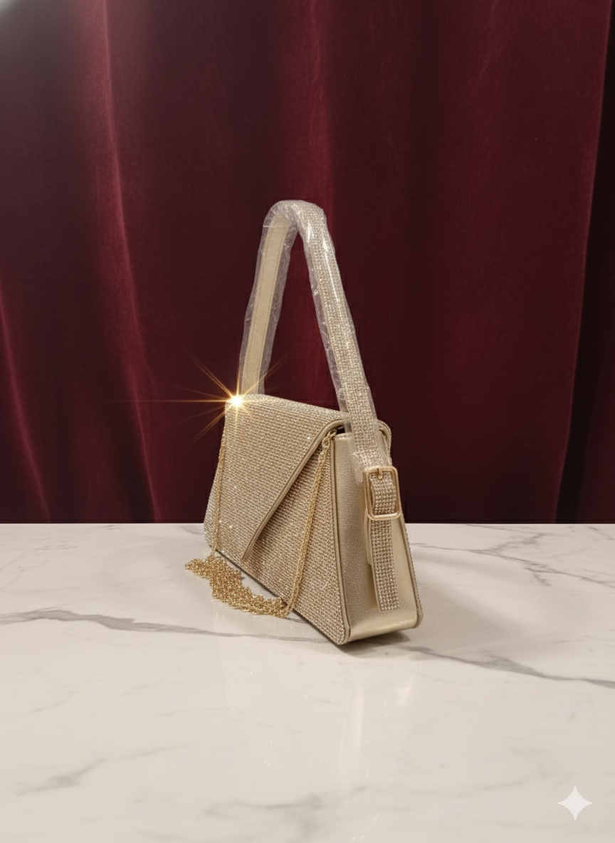 
Side View Stylish Golden Party Purse Side View with Chain Strap