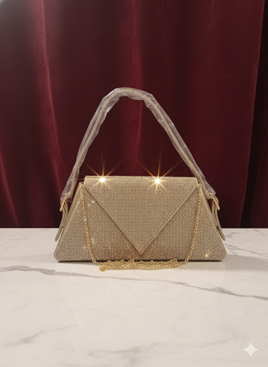 Luxury Golden Diamanté/Rhinestone Studded Clutch Bag 
