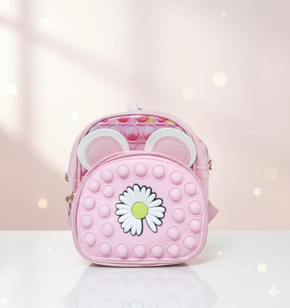 Adorable pink daisy flower pop-it fidget backpack for toddlers - fun sensory toy bag
