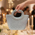 Stunning silver crystal embellished evening bag with circular handle - luxury party