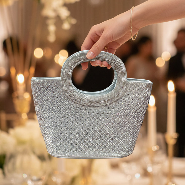 Stunning silver crystal embellished evening bag with circular handle - luxury party