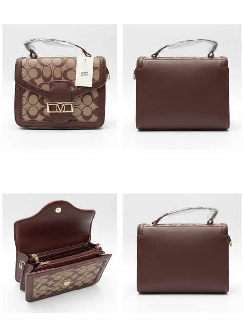 Elegant brown monogram handbag with gold V-buckle closure and top handle
Brown monogram crossbody handbag with adjustable strap and structured design