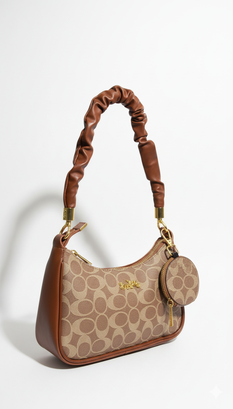  Beige canvas shoulder bag with adjustable strap and brown accents