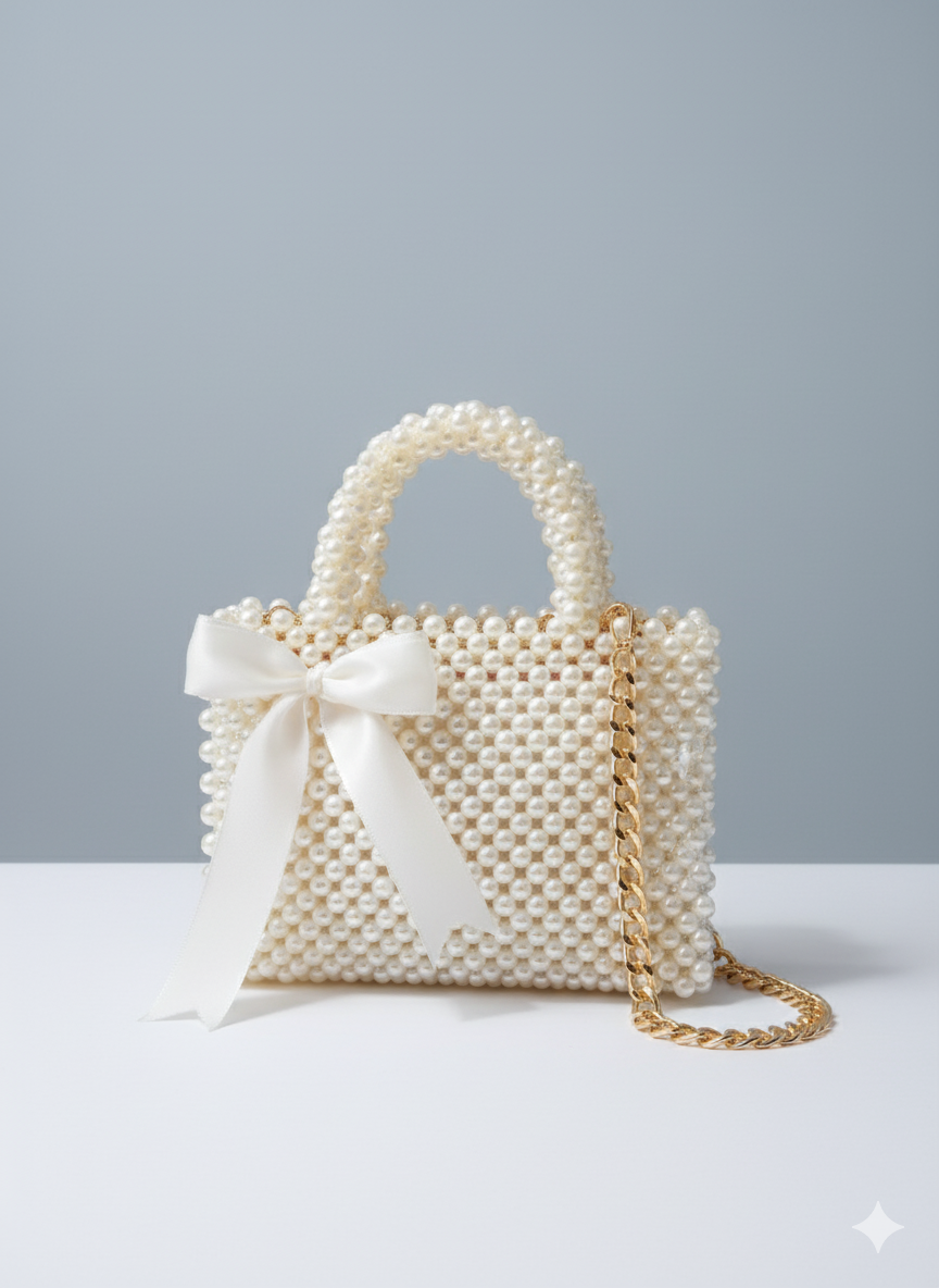 A pearl-white or cream-colored beaded handbag with a rounded top handle, a gold chain strap, and a prominent white satin bow tied at the center, giving it a classic look.