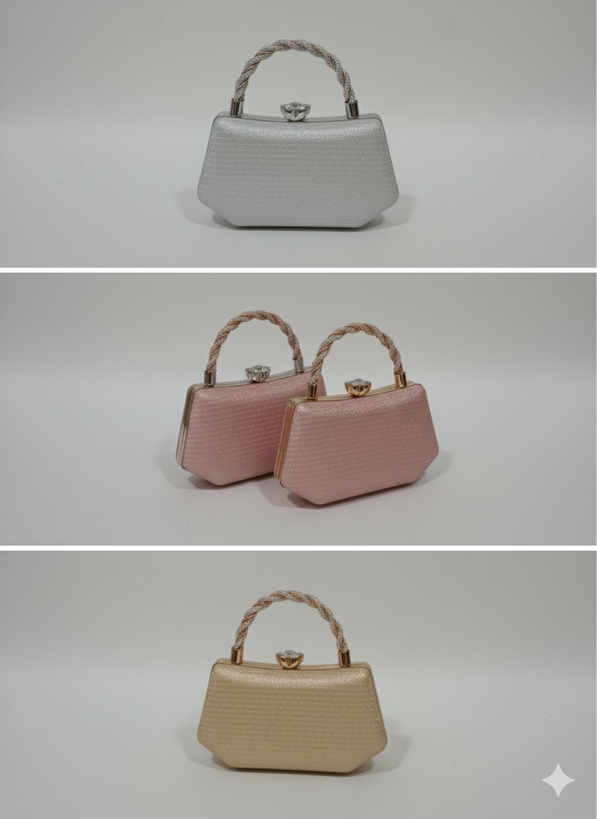 Silver, Pink and Gold Box Clutches with Braided Top Handle and Diamond Clasp