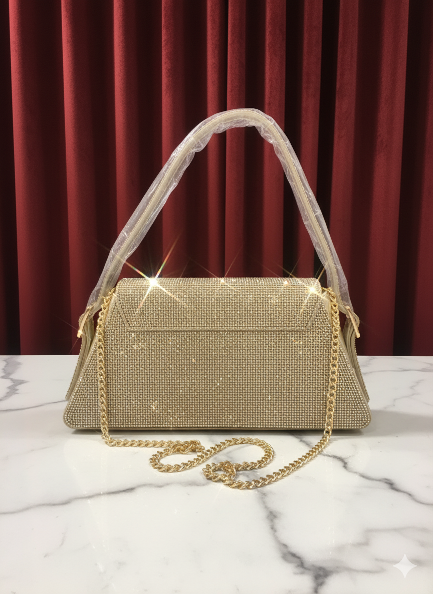 Elegant Triangular Gold Diamanté Evening Clutch